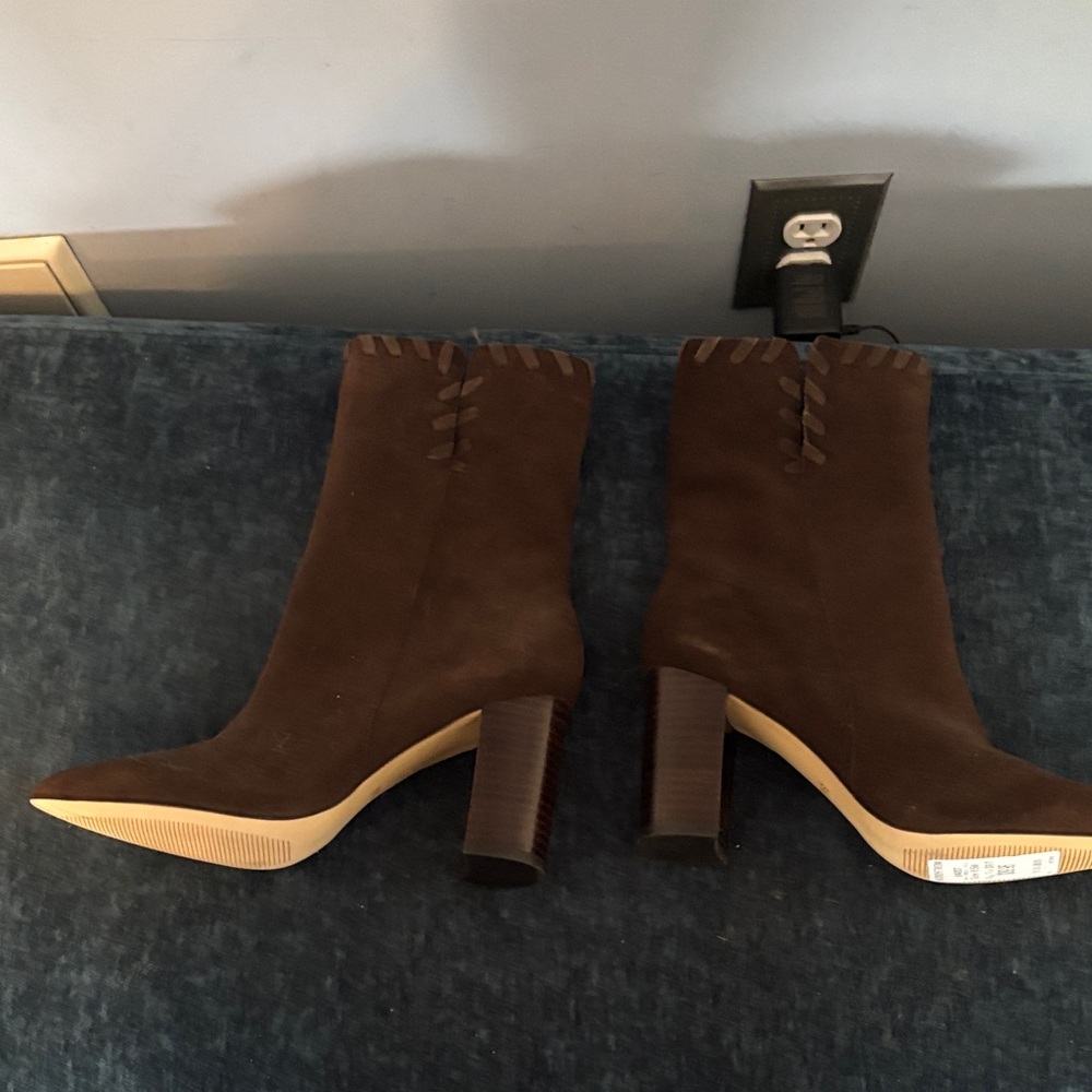 Something Navy Brown Suede Block Heel Ankle Boots - Picture 3 of 5